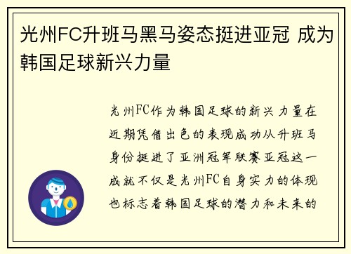 光州FC升班马黑马姿态挺进亚冠 成为韩国足球新兴力量