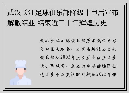 武汉长江足球俱乐部降级中甲后宣布解散结业 结束近二十年辉煌历史